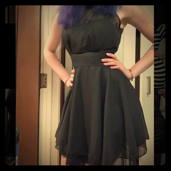 Black Fit and Flare Mesh Halter Dress - Picture 1 of 3